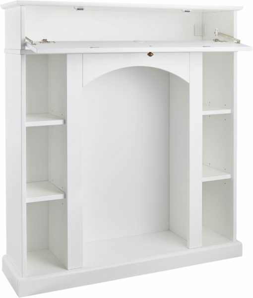 Biała konsola kominkowa z półkami i szufladą
