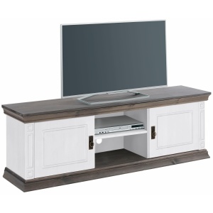 Sosnowa szafka pod telewizor z pięknymi zdobieniami