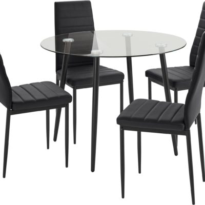Zestaw do jadalni: okrągły, szklany stół i 4 czarne krzesła