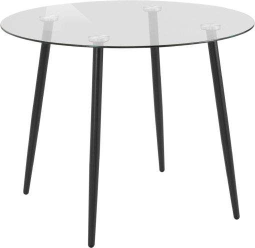 Zestaw do jadalni: okrągły, szklany stół i 4 czarne krzesła
