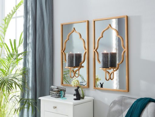 Złoty świecznik z lustrem na ścianę, styl orientalny