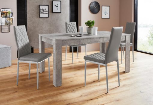 Nowoczesny zestaw do jadalni: stół w kolorze betonu i 4 szare krzesła