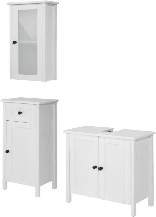 Białe meble łazienkowe z sosny: szafka wisząca, stojąca i pod umywalkę