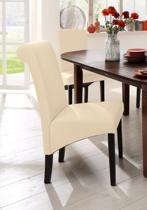 Eleganckie, beżowe krzesła, sztuczna skóra, drewno bukowe - 2 sztuki