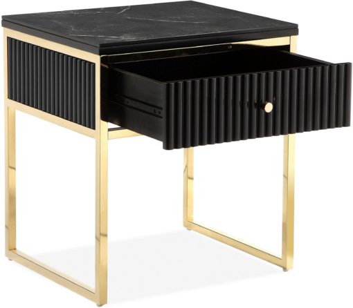 Czarny stolik z szufladką w stylu glamour, złota rama i nogi