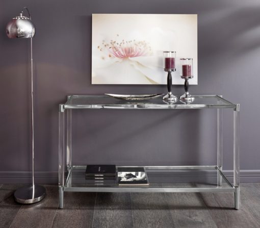 Modernistyczny stolik ze srebrną ramą i szklanym blatem