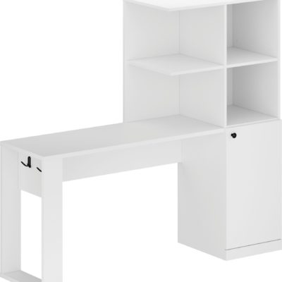 Białe biurko z półkami, wieszakami i komodą