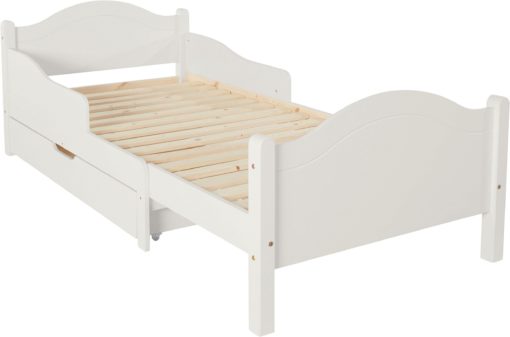 Białe łóżko rosnące z dzieckiem, z szufladą na pościel