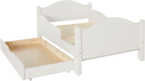 Białe łóżko rosnące z dzieckiem, z szufladą na pościel