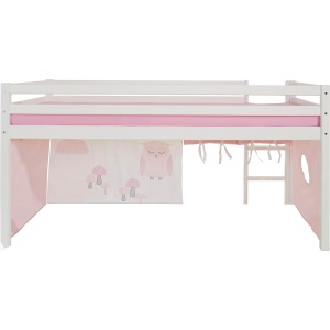 Sosnowe łóżko dziecięce z materacem, zasłonkami i drabinką