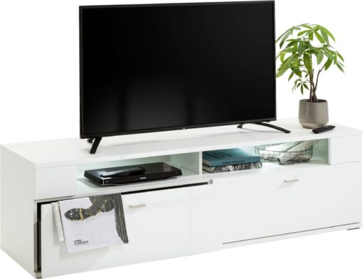 Biała szafka RTV w połysku, minimalistyczny design
