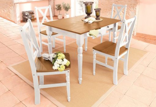 Zestaw do jadalni: sosnowy stół i 4 krzesła, biało-miodowy