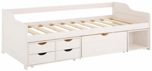 Sosnowe łóżko z szufladami, białe nowoczesne