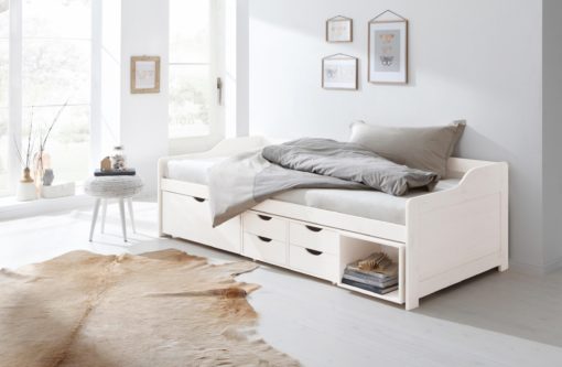 Sosnowe łóżko z szufladami, białe nowoczesne