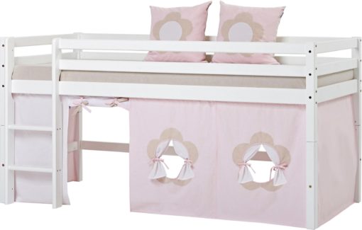 Sosnowe łóżko dziecięce z materacem, zasłonkami i drabinką