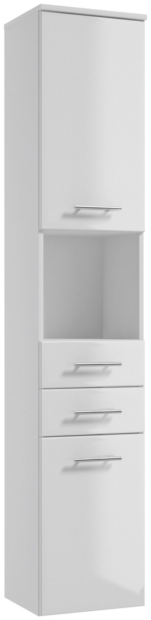 Wąska szafka łazienkowa słupek, biała front w połysku