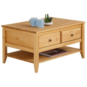 Stolik kawowy z sosny, z szufladami i półką, olejowany