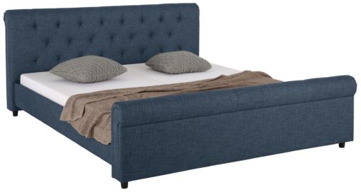 Atrakcyjne tapicerowane łóżko ze stylowym wezgłowiem, niebieskie