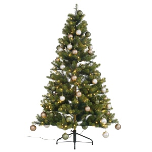 Choinka z plastikowymi bombkami, łańcuchem led i stojakiem, 150 cm