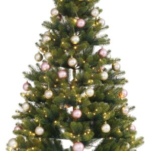 Choinka z plastikowymi bombkami, łańcuchem led i stojakiem, 150 cm