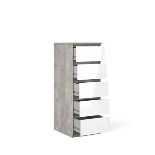 Komoda Naia biała z korpusem w kolorze betonu,  5 szuflad