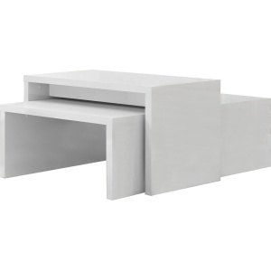 Dwa białe stoliki o różnej wielkości, w połysku