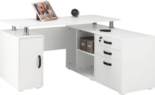 Białe biurko narożne z komodą, szufladami i półkami