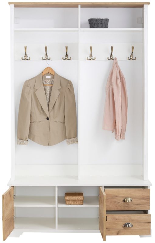 Kompaktowa garderoba biało-dębowa, ze schowkiem i szufladami