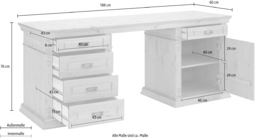 Sosnowe pięknie zdobione biurko z szufladami i schowkiem