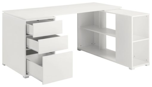 Białe biurko narożne z komodą i przedziałami na dokumenty
