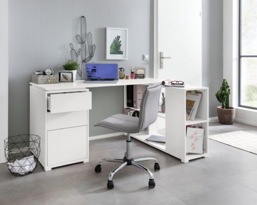 Białe biurko narożne z komodą i przedziałami na dokumenty
