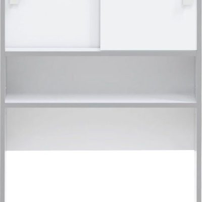 Biała szafka na pralkę z drzwiami i półkami