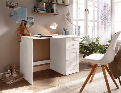 Sosnowe biurko z szufladami i schowkiem, klasyczne, białe