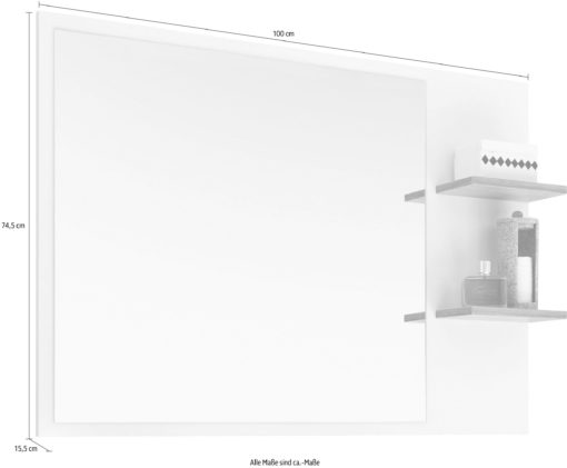 Lustro łazienkowe na białej powierzchni z dwiema półkami