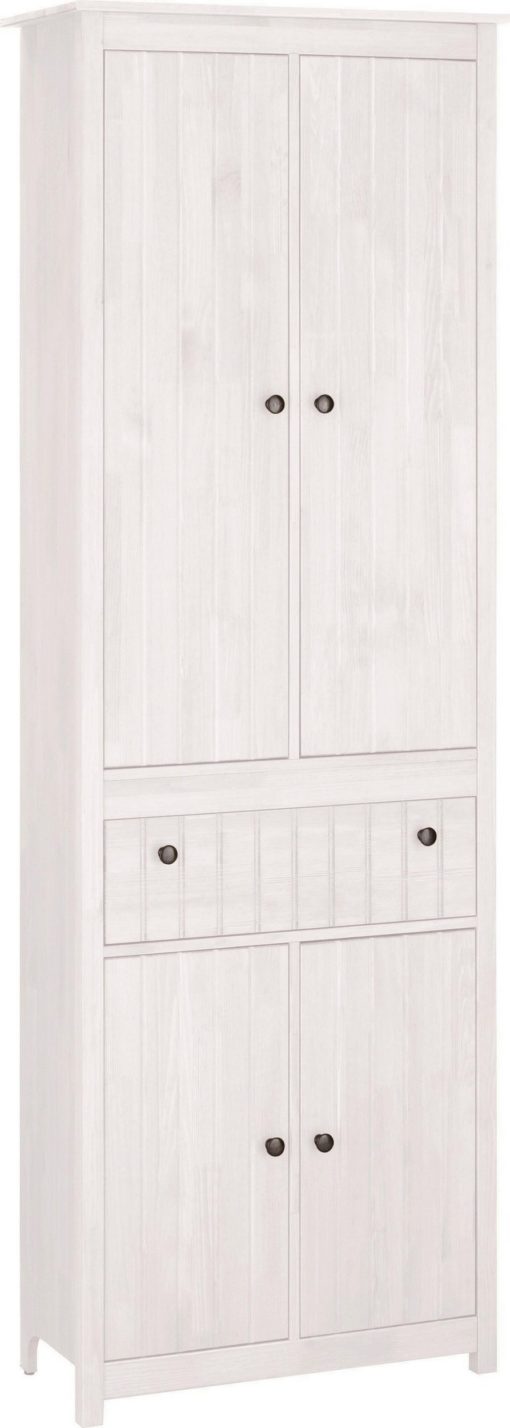 Wysoka sosnowa szafka z czterema drzwiami i szufladą, biała