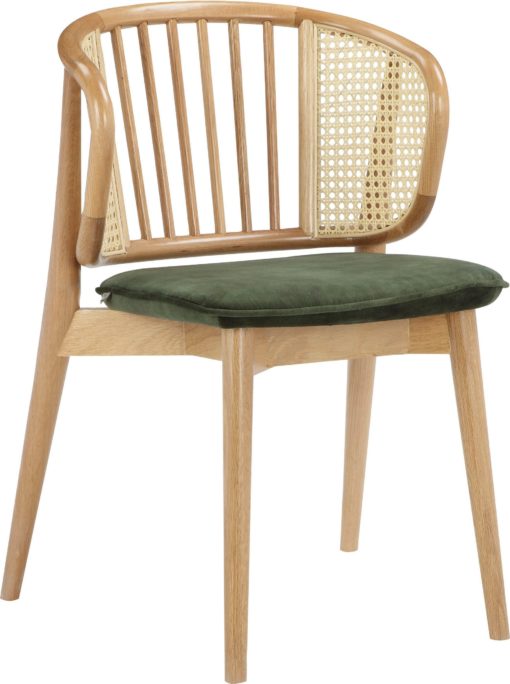 Skandynawskie krzesło z rattanową wstawką i zielonym siedziskiem