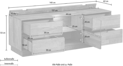 Dębowa szafka pod telewizor z przeszkleniem, 140 cm