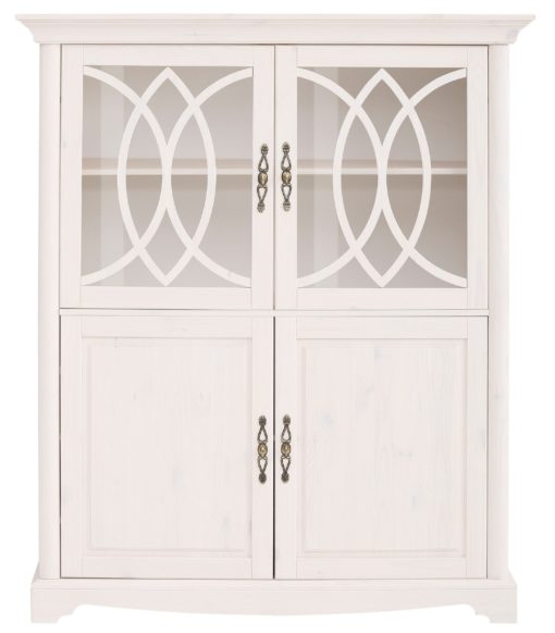 Biała witryna z drewna sosnowego, pięknie zdobione drzwi