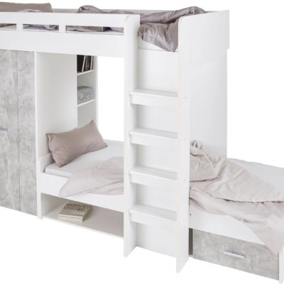 Łóżko piętrowe z szafą, szufladą i półkami, biel-beton