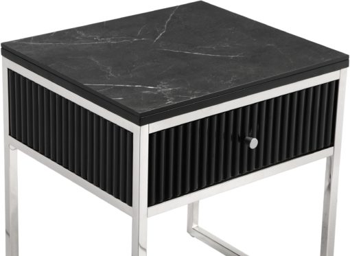 Czarny stolik z szufladką w stylu glamour, srebrna rama i nogi
