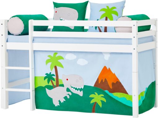 Białe łóżko dziecięce 70x160 cm, z materacem i zasłonkami z dinozaurem