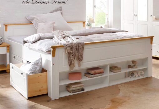 Drewniane łóżko z urokliwymi półkami, biało-miodowe 140x200
