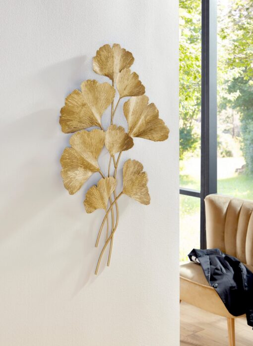Złota dekoracja na ścianę, liście miłorzębu