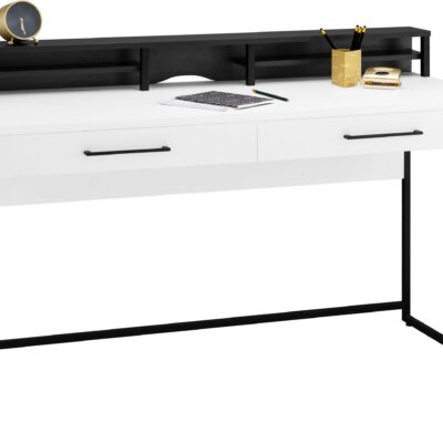 Czarno-białe biurko na metalowej ramie, lekkość i wygoda
