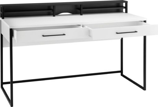 Czarno-białe biurko na metalowej ramie, lekkość i wygoda