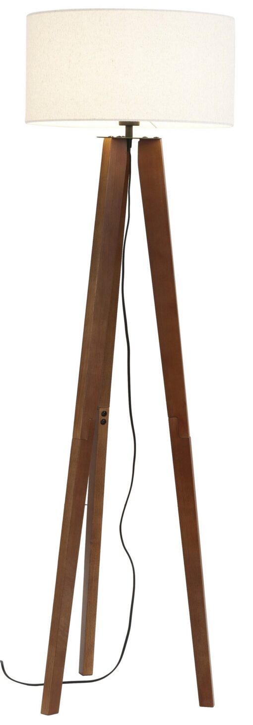 Lampa podłogowa ze statywem z litego drewna i lnianym kloszem