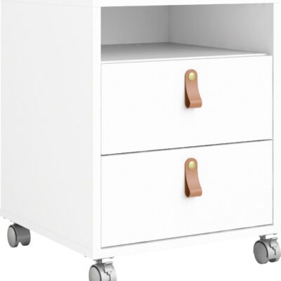 Biała szafka na kółkach ze skórzanymi uchwytami i szufladami