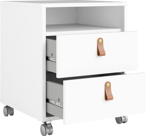 Biała szafka na kółkach ze skórzanymi uchwytami i szufladami