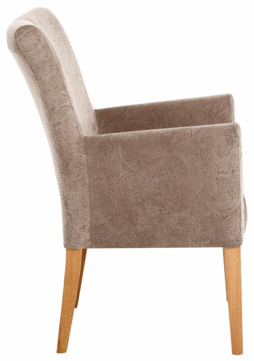 Fotel ze wspaniałym wzorem tapicerki, dębowe nogi, odcienie różu