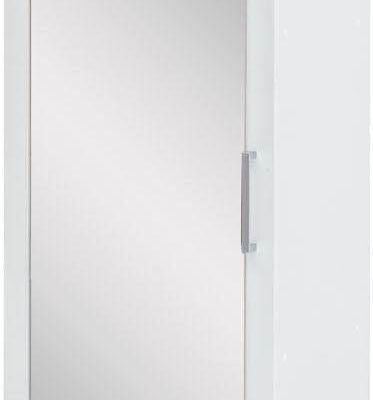 Biała wysoka szafka z lustrzanymi drzwiami